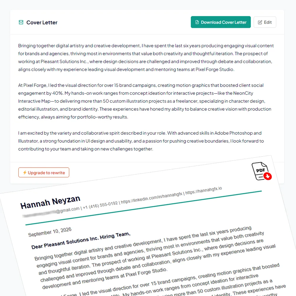 Get a matching cover letter, one click